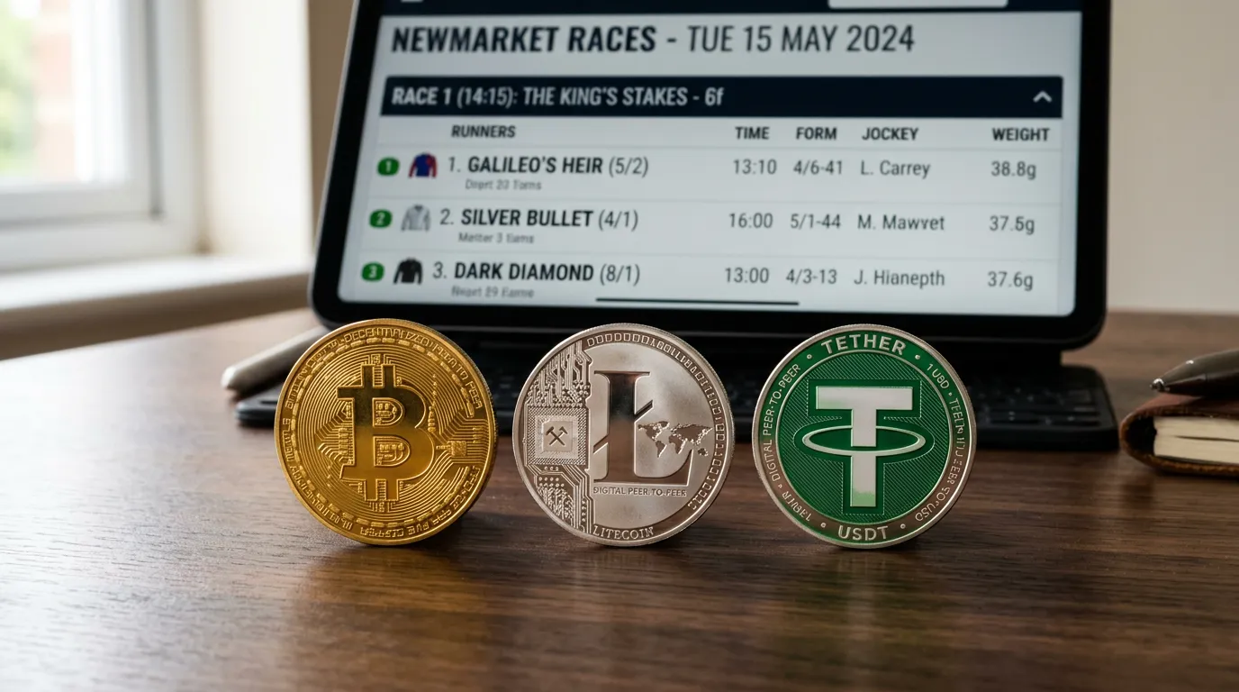 Physical cryptocurrency coins Bitcoin Litecoin and USDT displayed near tablet showing racing form