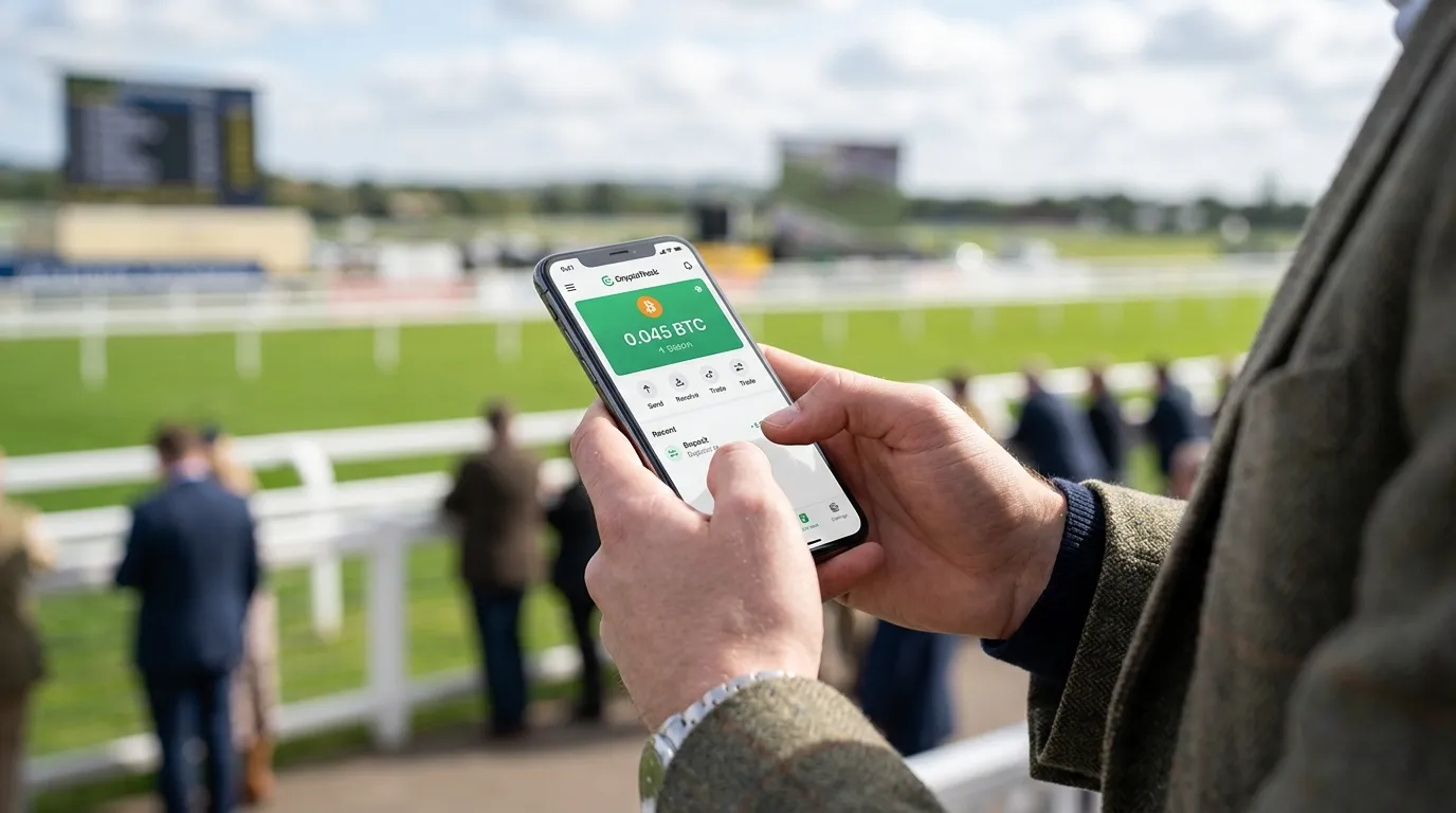 Smartphone displaying cryptocurrency wallet alongside British horse racing track with jockeys