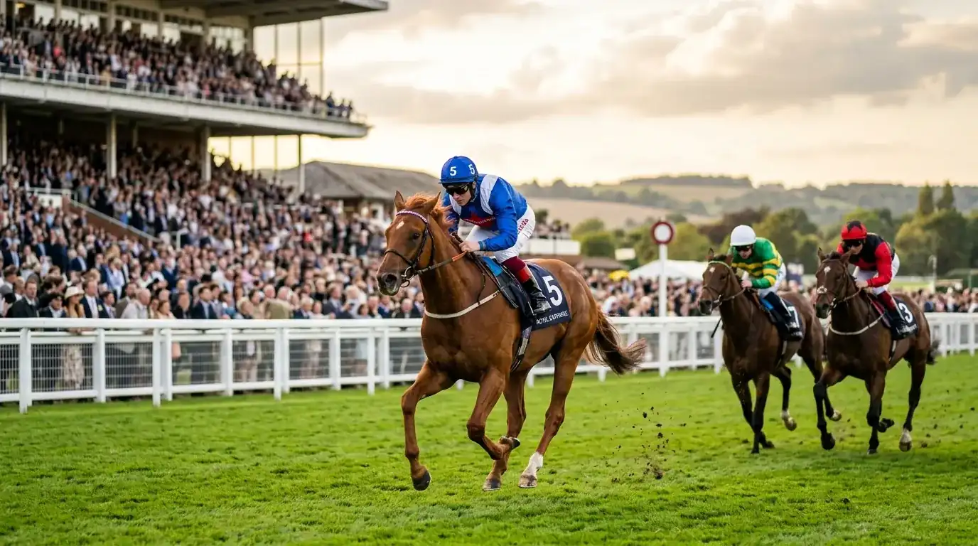 UK racecourse with horses racing on green turf track and digital cryptocurrency symbols in background