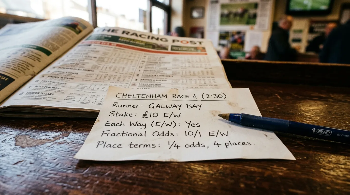 Betting slip showing each-way bet calculation with fractional odds on horse racing